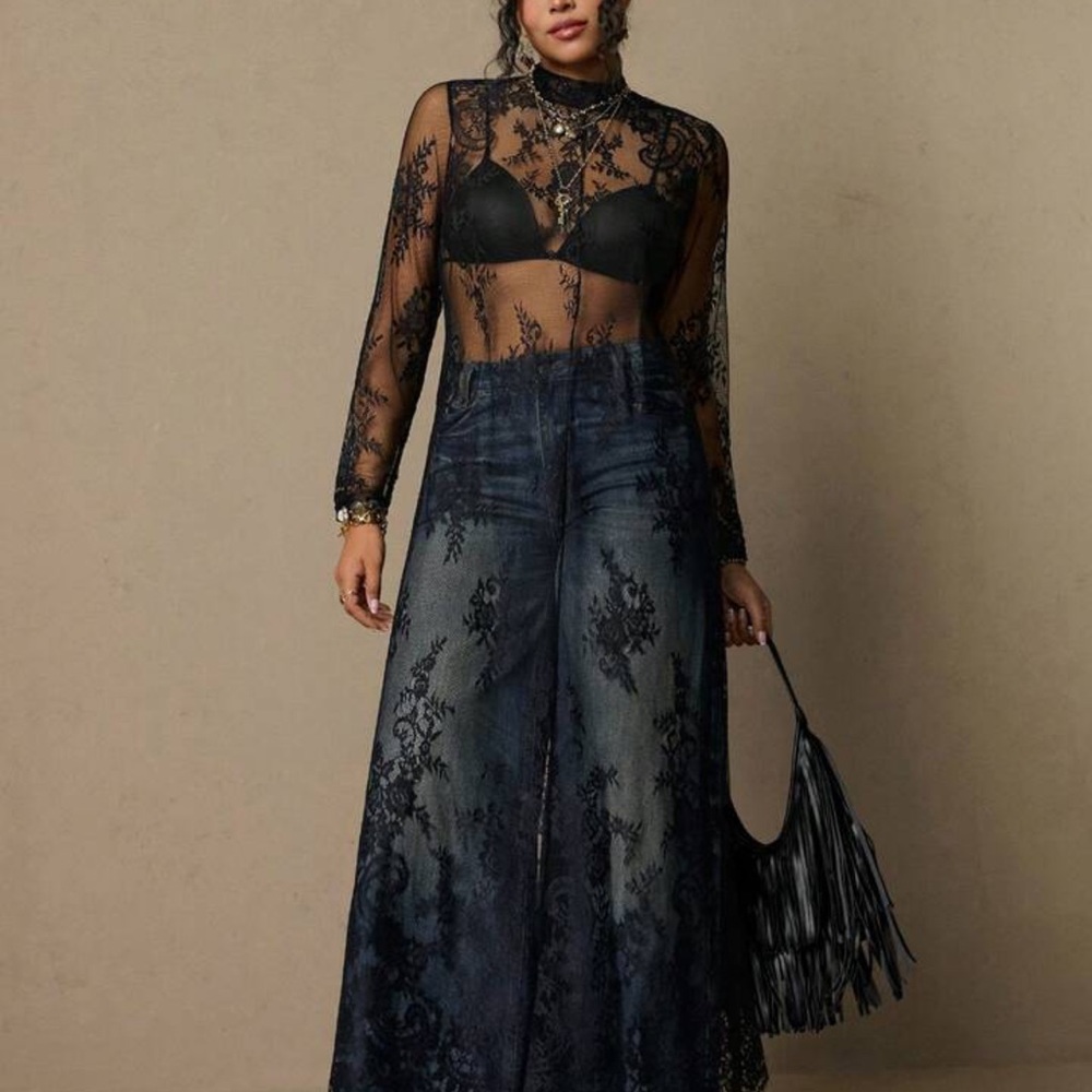 SHEIN Black Sheer Lace High-Neck Long Sleeve Top